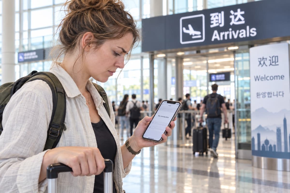 Illustrative scene: a traveler at arrivals checking No connection on the front of her phone