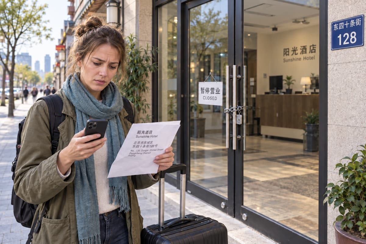 Illustrative scene: a traveler with luggage outside a closed hotel, unsure whom to contact