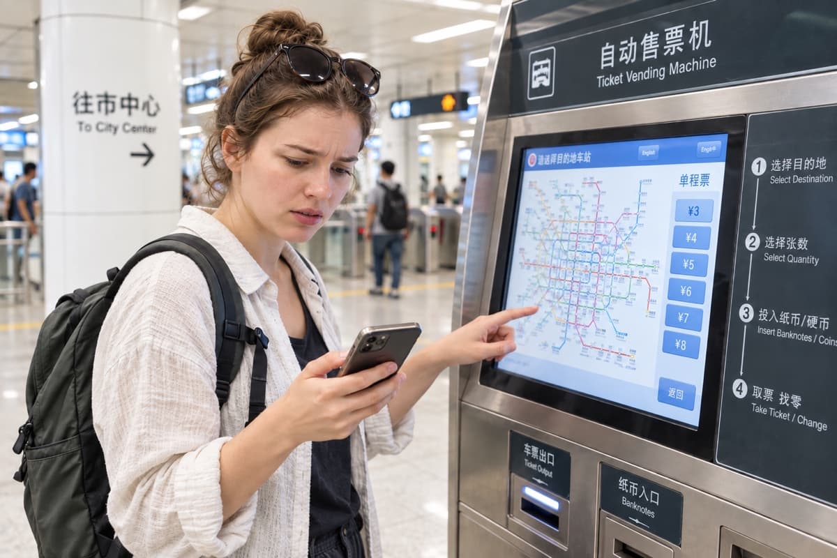 Illustrative scene: a confused traveler hesitating beside a metro ticket machine