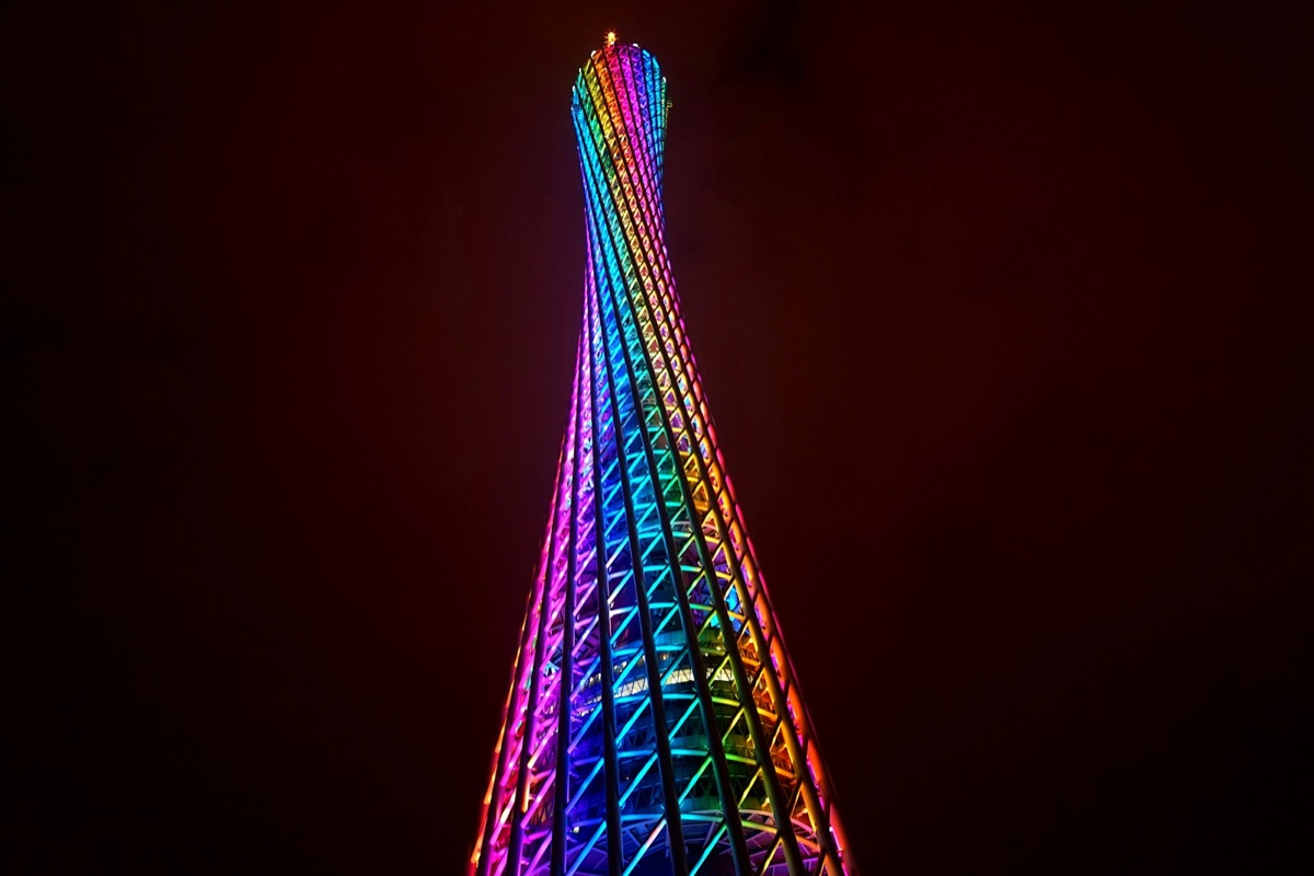 Canton Tower’s twisting lattice illuminated at night in Guangzhou